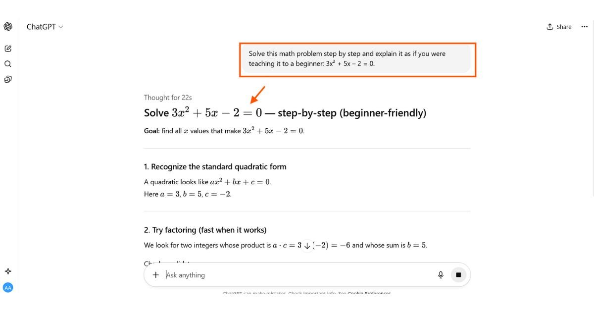 Screenshot of ChatGPT explaining the quadratic equation solution step by step.