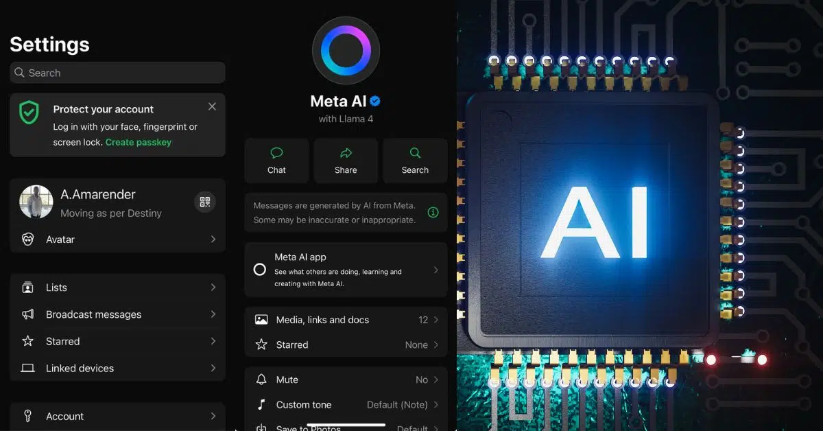 WhatsApp settings showing Meta AI interface with AI symbol