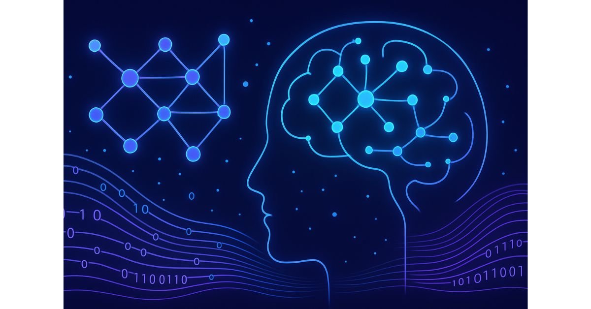 Futuristic visualization of AI neural networks, big data streams, and digital brain patterns representing machine learning