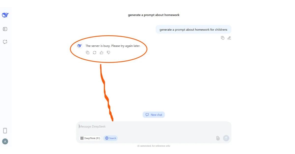 Screenshot of DeepSeek AI Tool error message server busy.