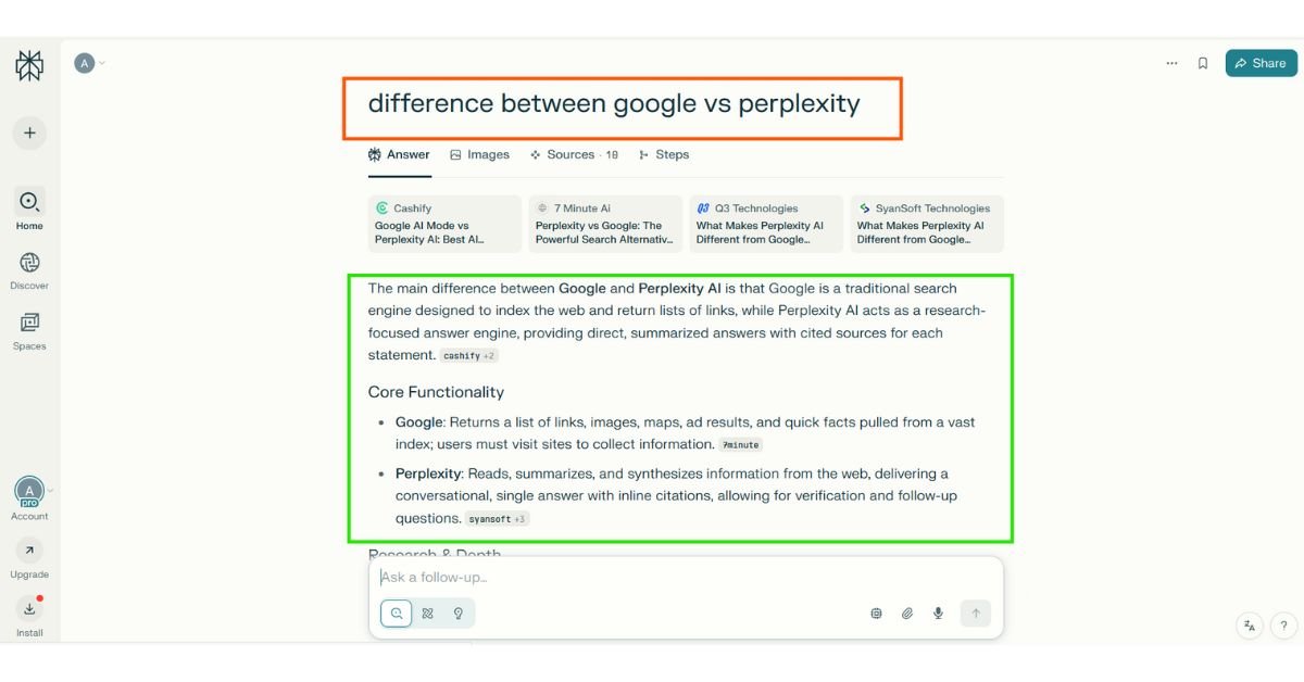 Detailed chart comparing Perplexity and Google AI search engine differences in 2025.