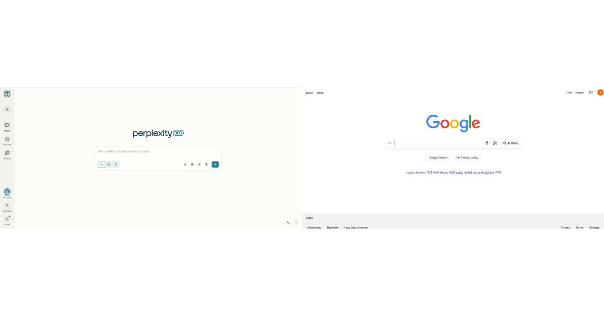 Side-by-side comparison of Perplexity and Google AI mode search results in 2025.