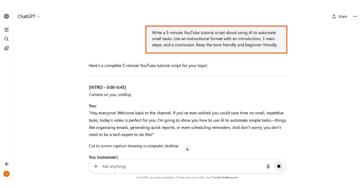 AI script writing for YouTube tutorial