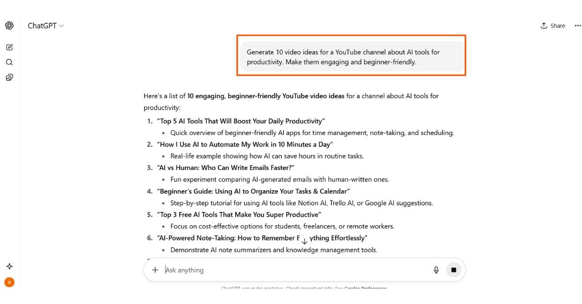 ChatGPT AI video ideas generation for YouTube channel