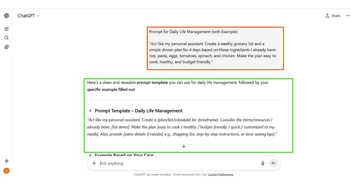 ChatGPT generating a grocery list and 4-day dinner plan from given ingredients