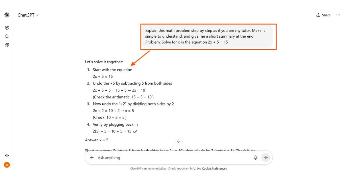 ChatGPT solving the equation 2x + 5 = 15 step by step