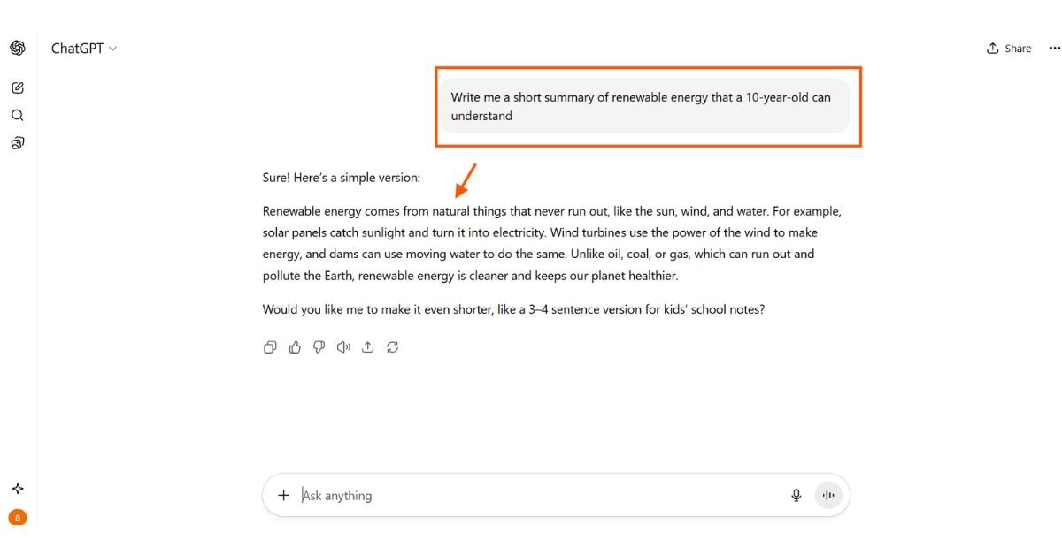 ChatGPT generating a summary of renewable energy for kids