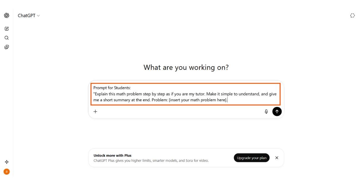 ChatGPT solving a math problem using a step-by-step tutoring prompt