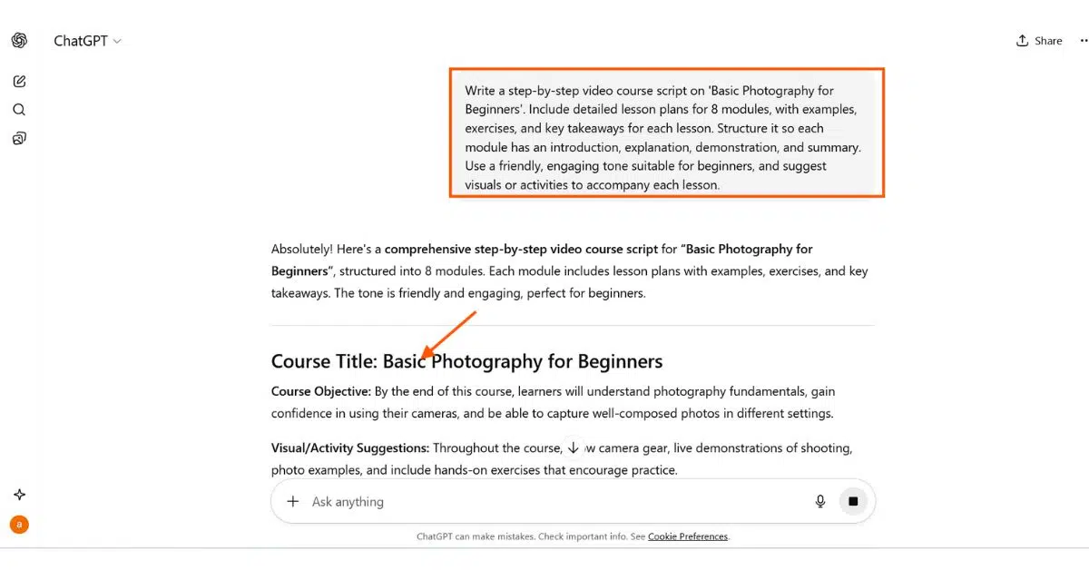 Screenshot of ChatGPT prompt for creating a step-by-step video course on Basic Photography for Beginners with lesson plans.