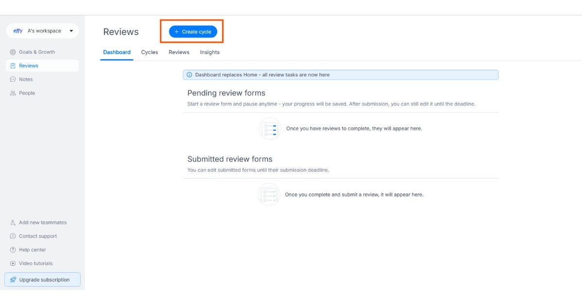 Effy AI interface showing the “Create Cycle” button to start a review