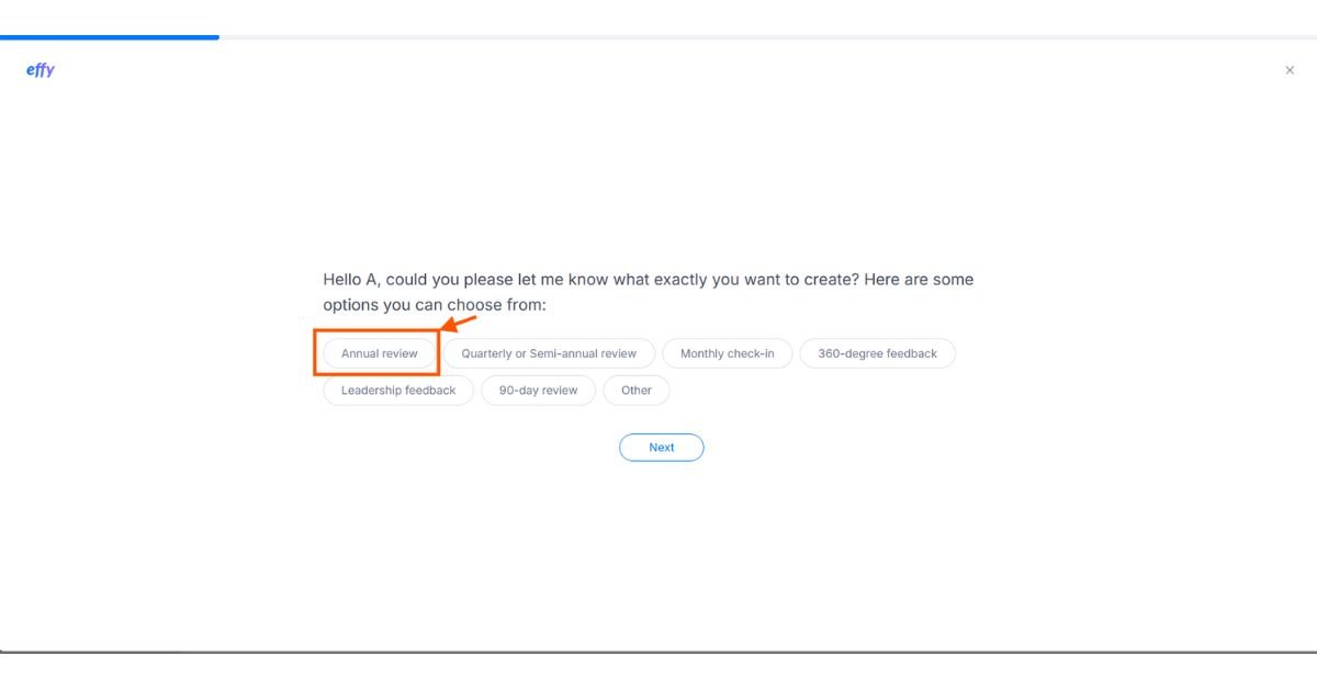 Effy AI showing options like annual, quarterly, 360° feedback, leadership feedback