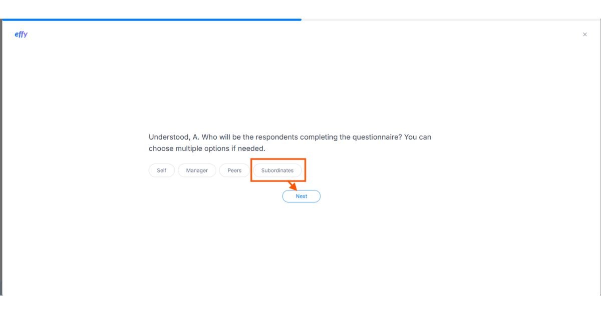 Effy AI showing reviewer selection options like self, manager, peers, subordinates