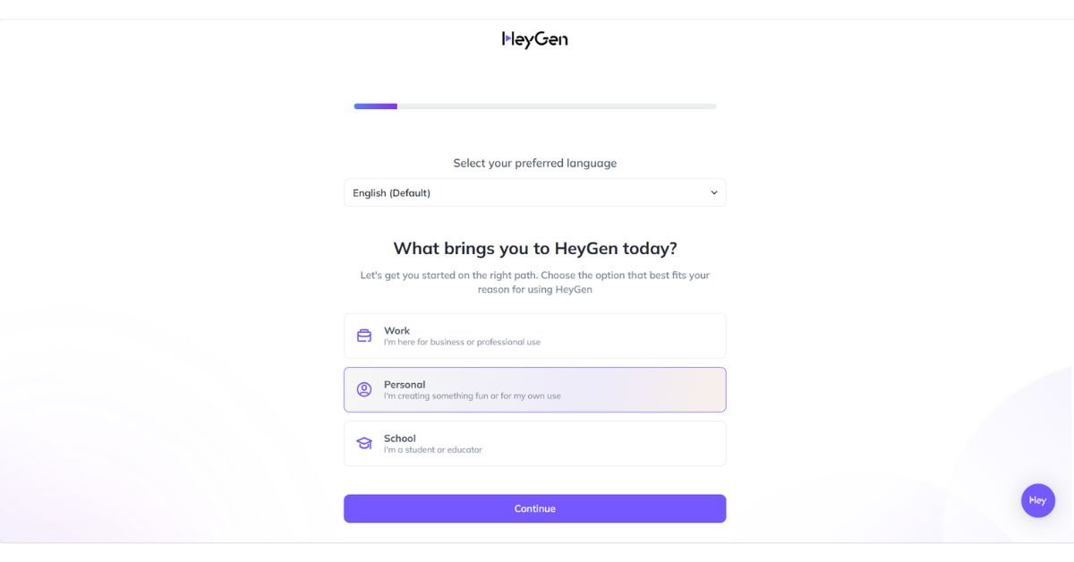 HeyGen AI app login screen showing fields for personal, work, or school account details