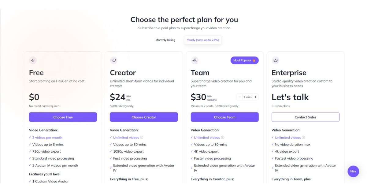 HeyGen AI app screenshot showing Free, $24, and $30 subscription plans for AI video generation