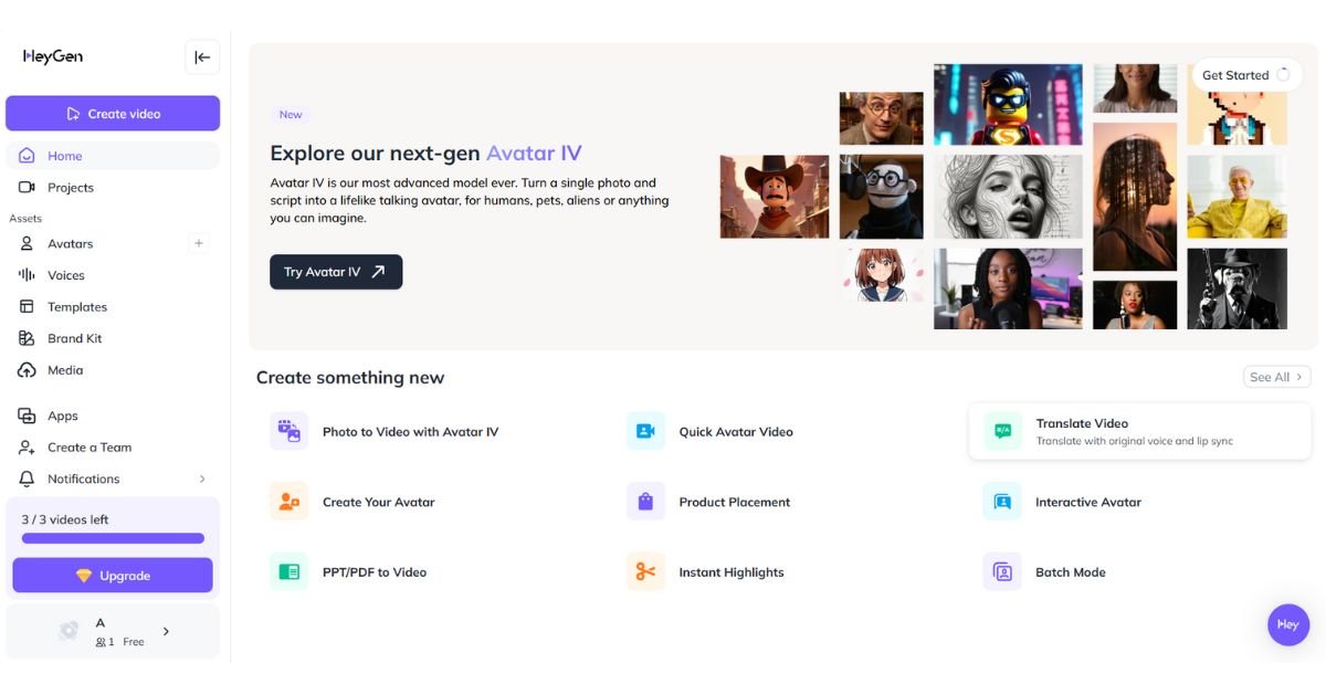 HeyGen AI app interface showing text-to-video, quick avatar videos, interactive avatars, and batch video options