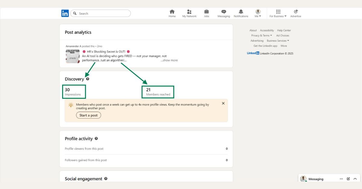 LinkedIn post screenshot showing impressions, reach, and engagement for an HR-related post