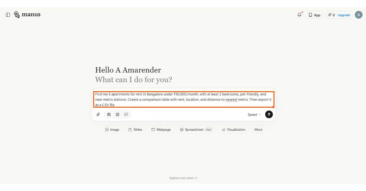 Manus AI prompt example for apartment search in Bangalore
