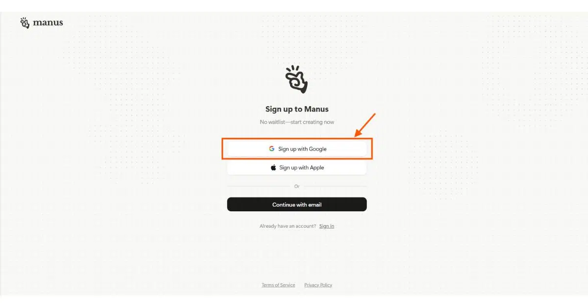 Manus AI account signup and email verification screen