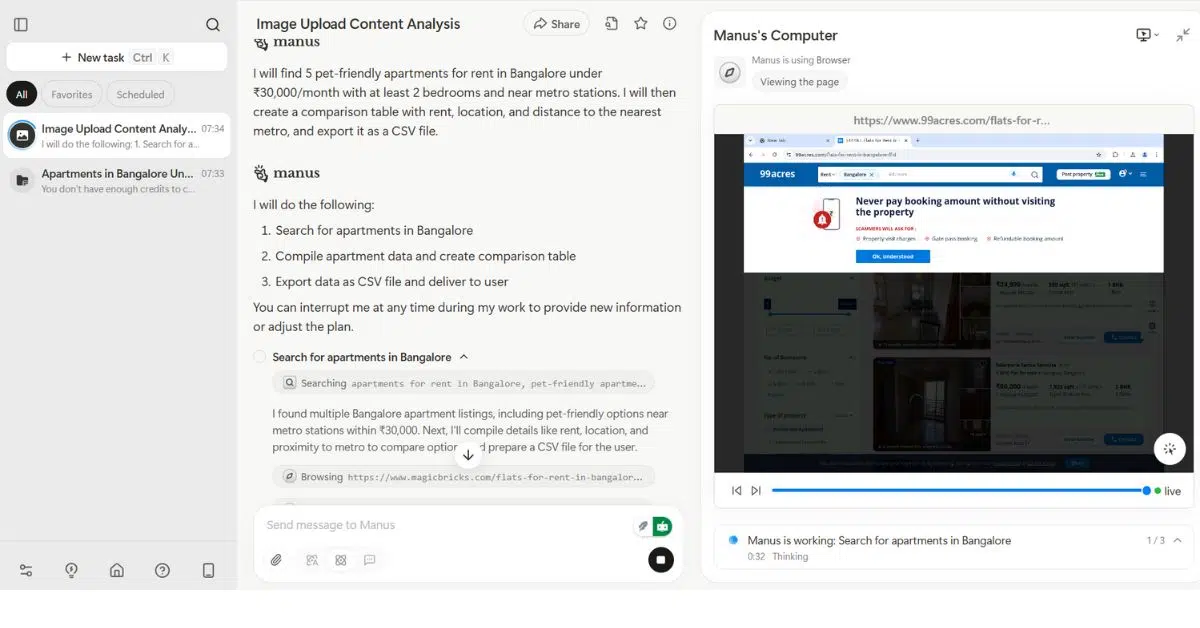 Manus AI generated apartment search results with comparison table and CSV export