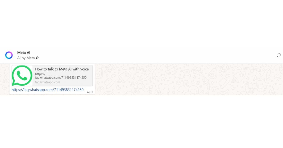 Screenshot of Meta AI on WhatsApp providing instructions and a direct link on how to talk to the AI. Demonstrates the ease of setup and accessibility for first-time users.