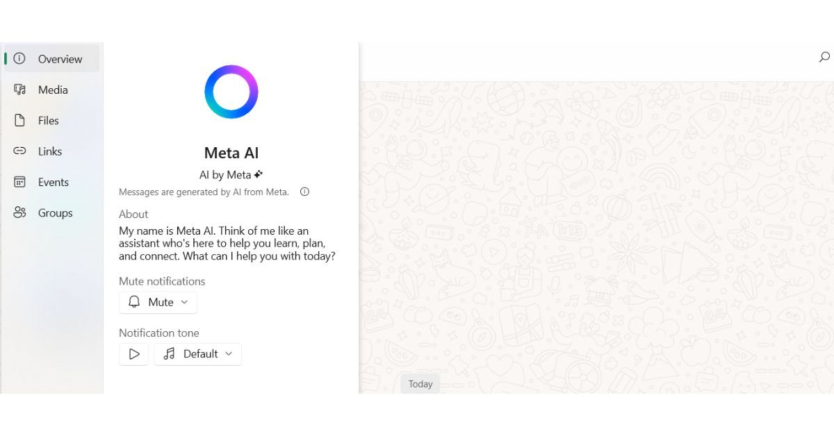 Screenshot of the Meta AI on WhatsApp interface. Displays how the AI looks in the chat window, showing a minimal and user-friendly design where prompts and replies appear like regular WhatsApp messages.