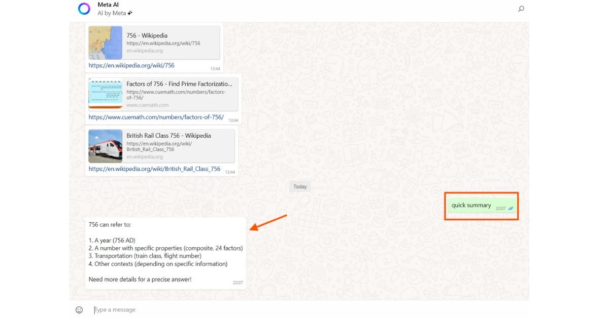 Screenshot of Meta AI on WhatsApp generating a quick summary from a lengthy document. Shows how users can save time by receiving concise highlights and action points directly in chat without reading the entire file.