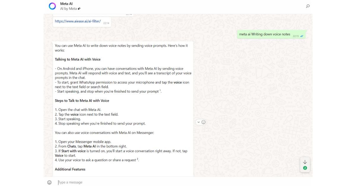 Screenshot showing a user talking to Meta AI on WhatsApp using voice input. The AI responds with detailed step-by-step guidance, making it easier to follow instructions hands-free.
