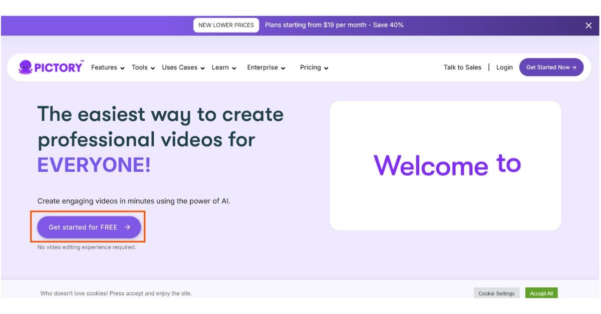 Pictory video generator interface showing text upload and storyboard.