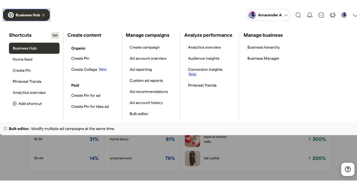 Pinterest business hub, home feed, trends, and analytics overview