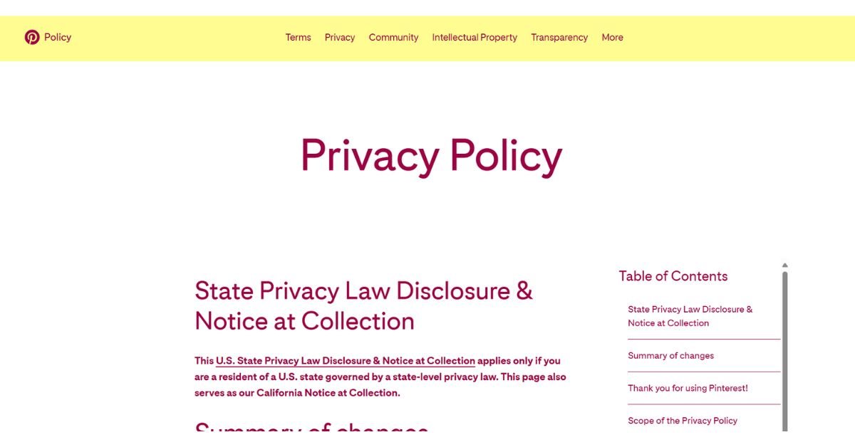 Screenshot of Pinterest privacy policy page