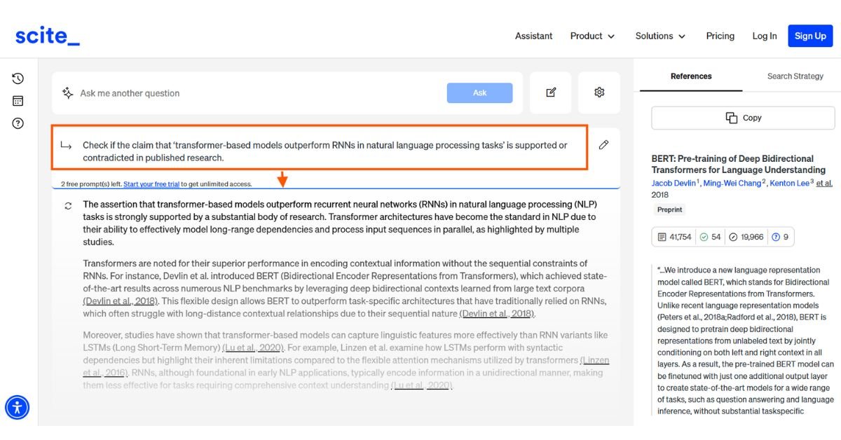 Query in Scite AI checking if transformer models outperform RNNs in NLP research