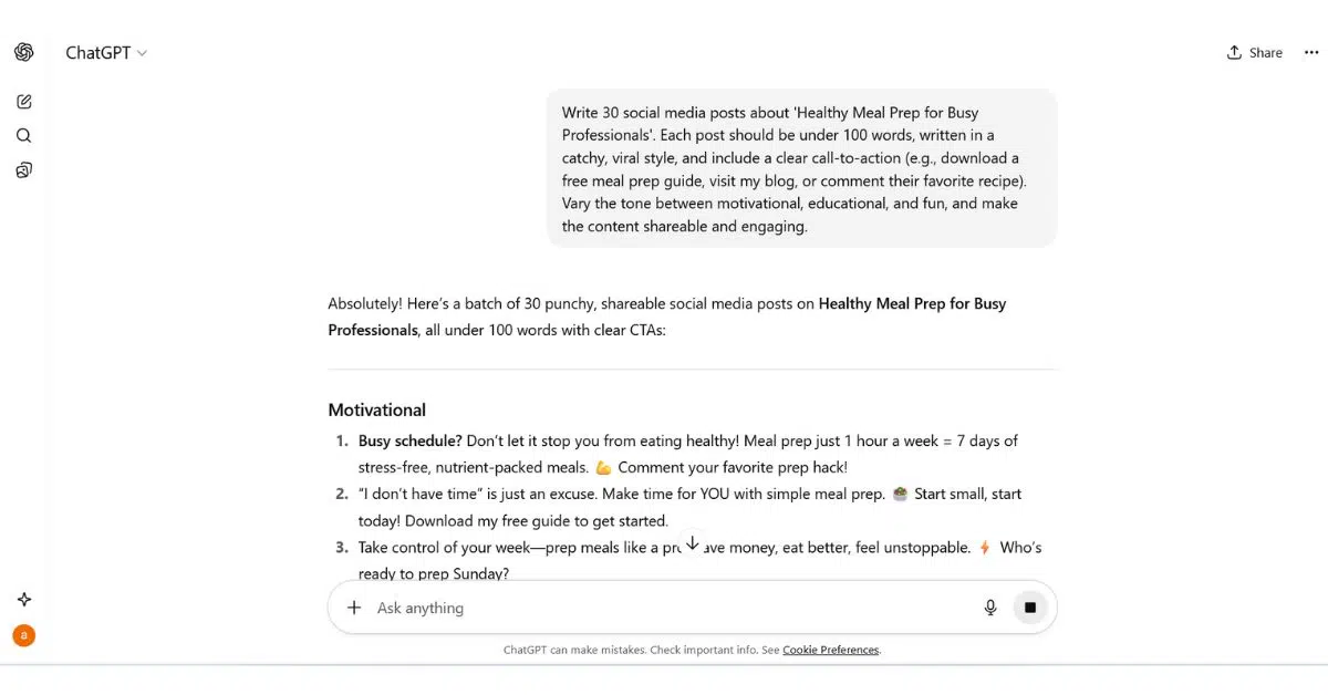 ChatGPT screenshot showing prompt and output for creating 30 viral social media posts on Healthy Meal Prep