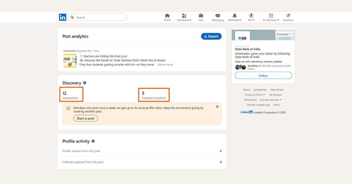 Screenshot of LinkedIn article post about AI tools for teachers with impressions data.