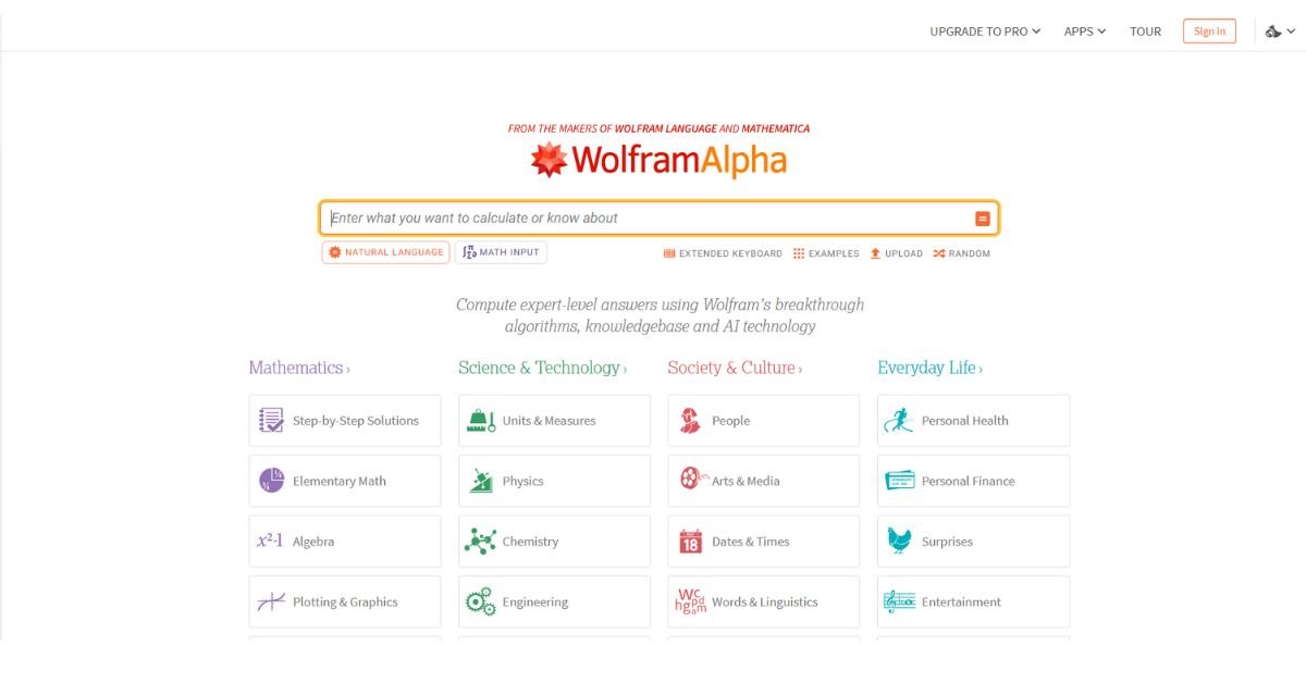Wolfram Alpha app main interface for calculations and queries