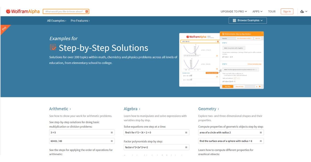 Wolfram Alpha step-by-step solutions interface for guided problem solving