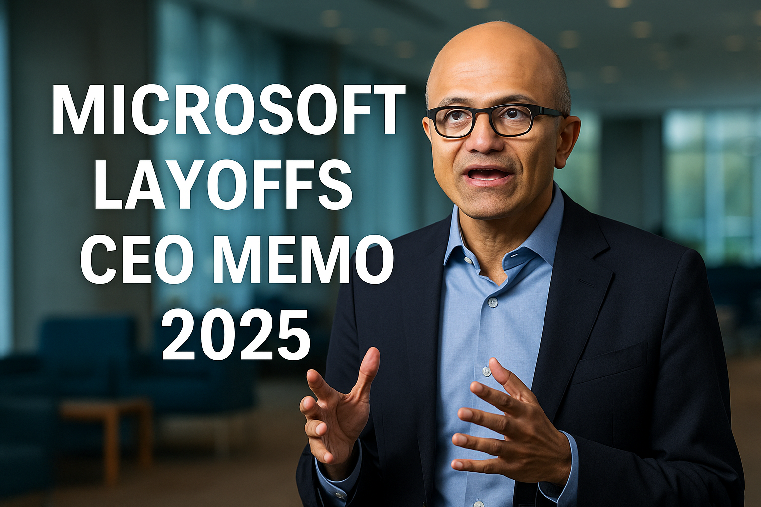 Satya Nadella delivering the Microsoft Layoffs CEO Memo in 2025, addressing job cuts and company strategy in a modern office setting.