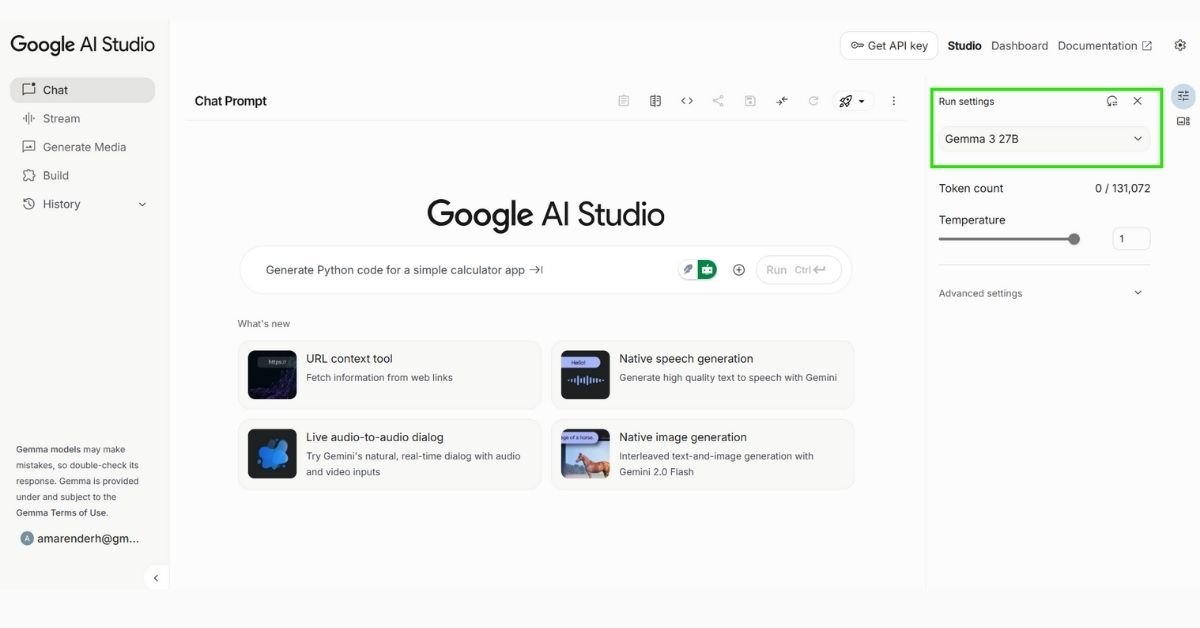 Selecting Gemma 3 270M model from the interface
