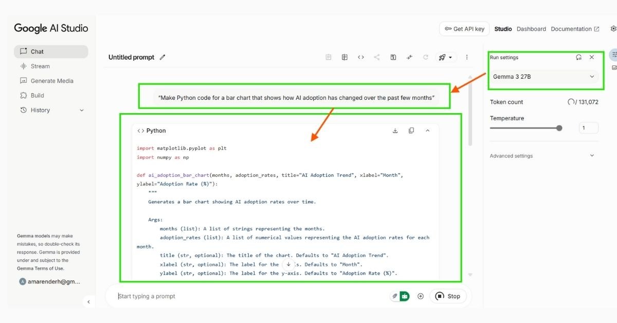 Gemma 3 270M generating text output from a user prompt