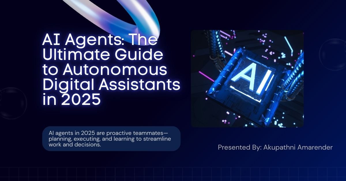 Featured graphic for AI Agents guide showing futuristic assistants boosting productivity and creativity.
