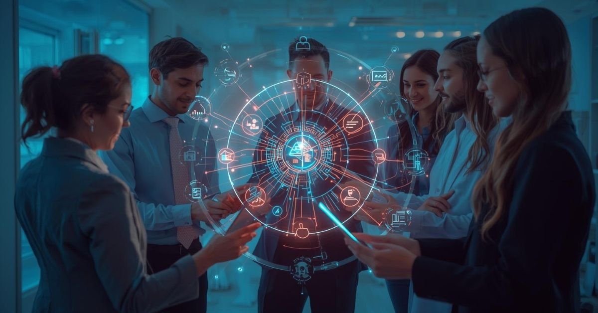 Diverse professionals collaborating with a multi-agent AI system linking apps and workflows.