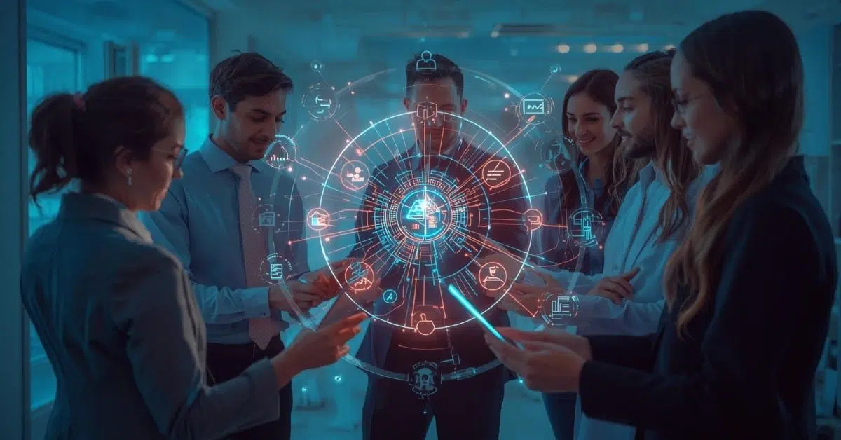 Diverse professionals collaborating with a multi-agent AI system linking apps and workflows.