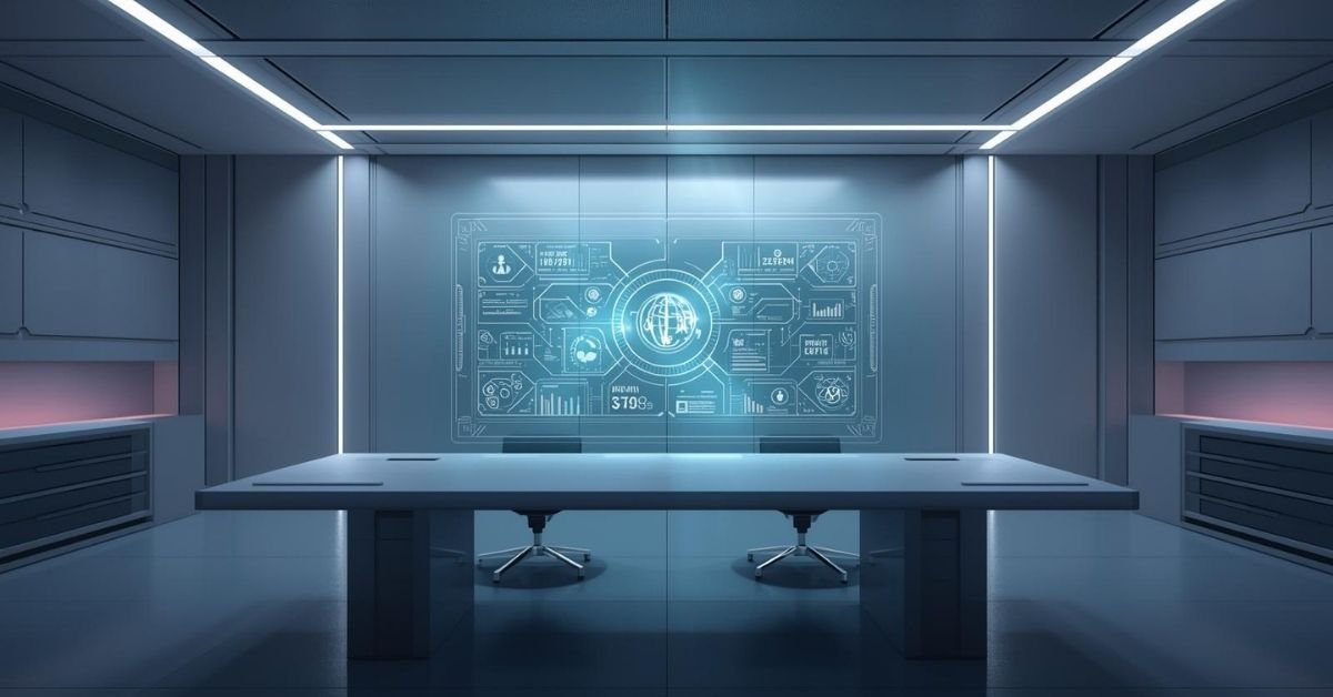Futuristic AI agent dashboard with holographic interface showing real-time task planning and automation.