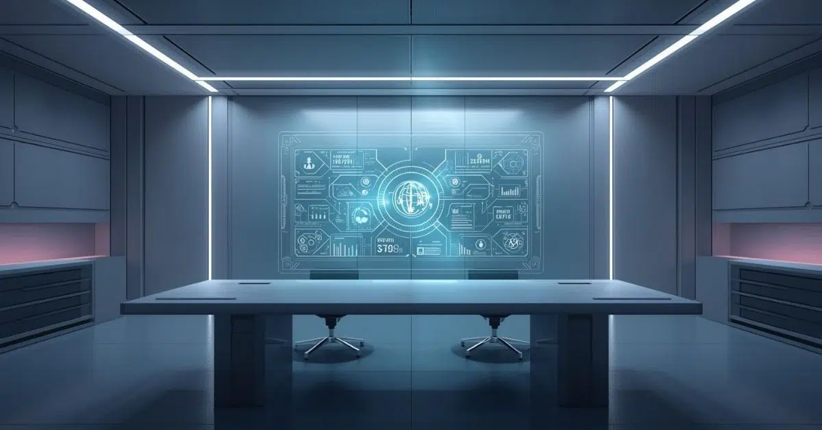 Futuristic AI agent dashboard with holographic interface showing real-time task planning and automation.