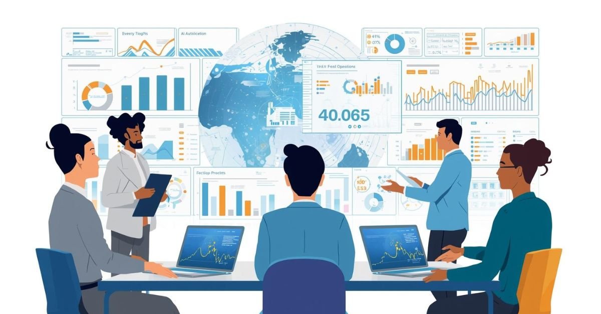 AI improving business operations with digital dashboards, automated workflows, and data-driven decisions