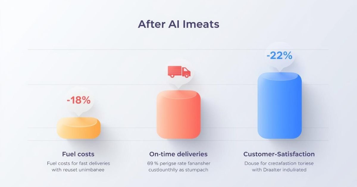 Bar chart showing the impact of AI on fuel costs, on-time deliveries, and customer satisfaction, highlighting how measuring ROI of AI in business drives results.