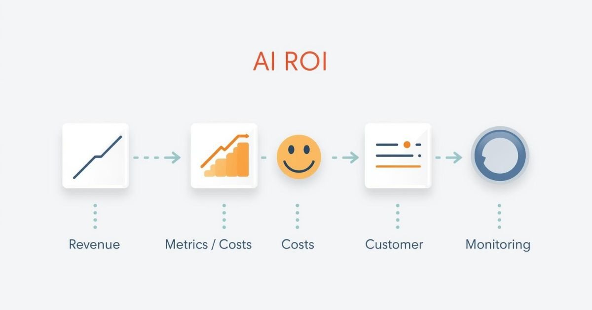 Infographic showing AI ROI as a combination of business goals, metrics, costs, and monitoring with icons for revenue, cost reduction, customer satisfaction, and monitoring.