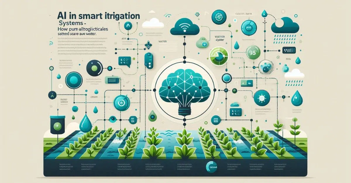 Infographic showing AI predictive algorithms in smart irrigation systems saving water through sensors and weather data.