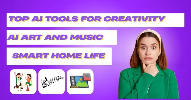 Illustration showing AI tools enhancing creativity in art, music, and smart home automation.