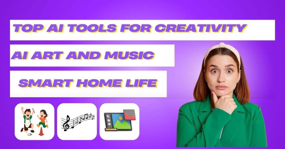 Illustration showing AI tools enhancing creativity in art, music, and smart home automation.