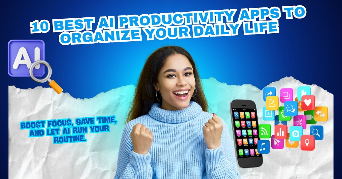 Illustration of AI productivity tools with icons representing task management, automation, and cloud apps.